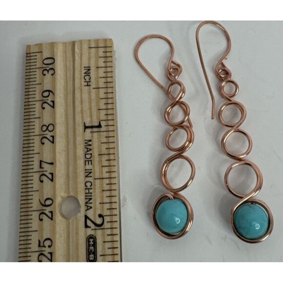 Copper Dangle Earrings With Round Turquoise Beads One of a Kind Celtic Link - Picture 5 of 5